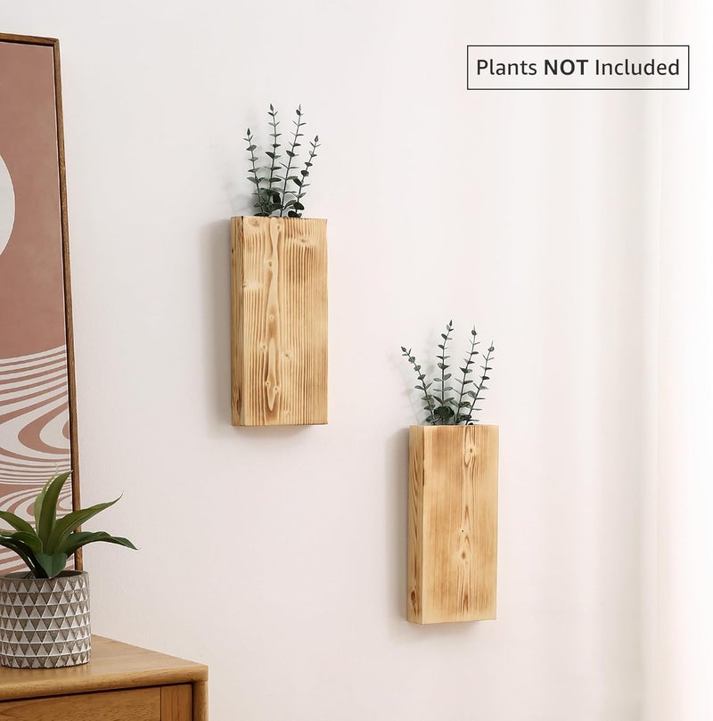 GRID FORTE Wood Wall Planter Set of 2, Wood Wall Pocket for Greenery and Dried Flowers, Indoor Wood Hanging Vase, Modern Farmhouse Wall Decor for Living Room Bedroom Office Eucalyptus Stems Decorations (Retro) - Image 2